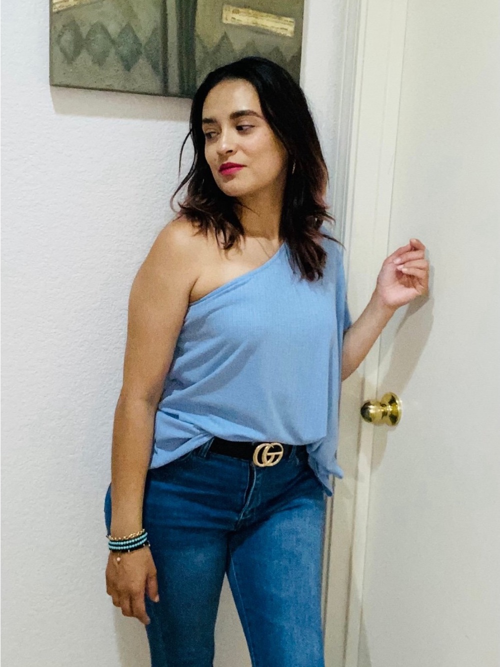 One-Shoulder Ribbed Tank Top in Light Blue